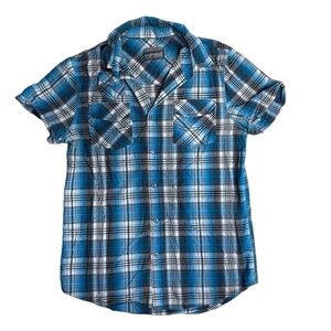 ⭐️ HRB blue, black and white plaid shirt-sleeve shirt- size Small